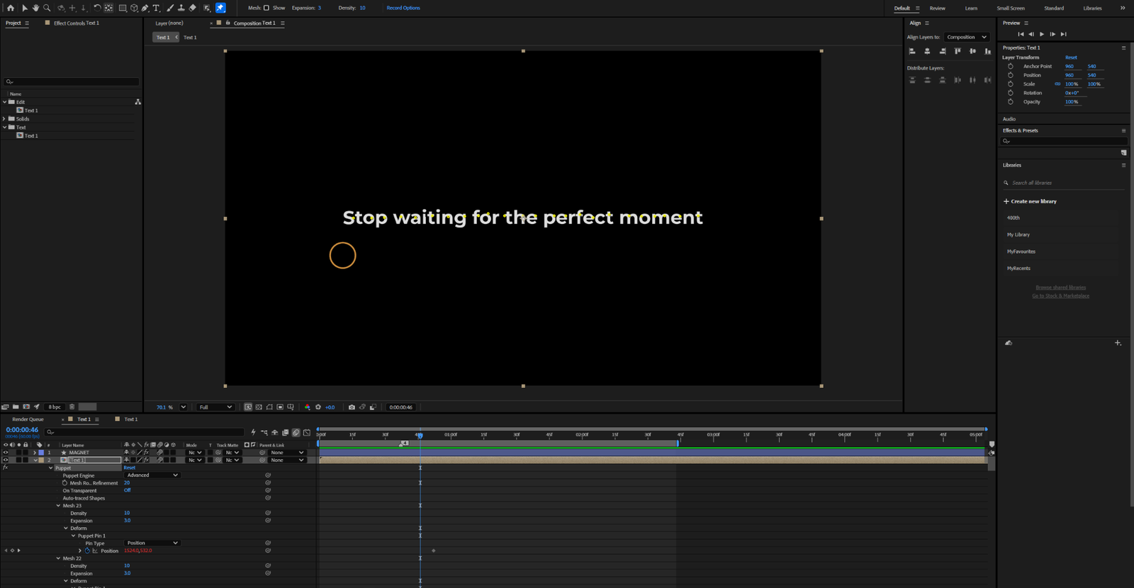 After Effects Puppet Pin Position property expanded in the timeline.